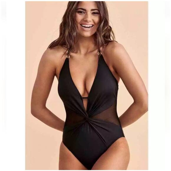 LA BLANCA Swimsuit SZ 4 Black NWT One Piece Mesh Twist Mesh-merizing Halter Mio - Picture 1 of 16